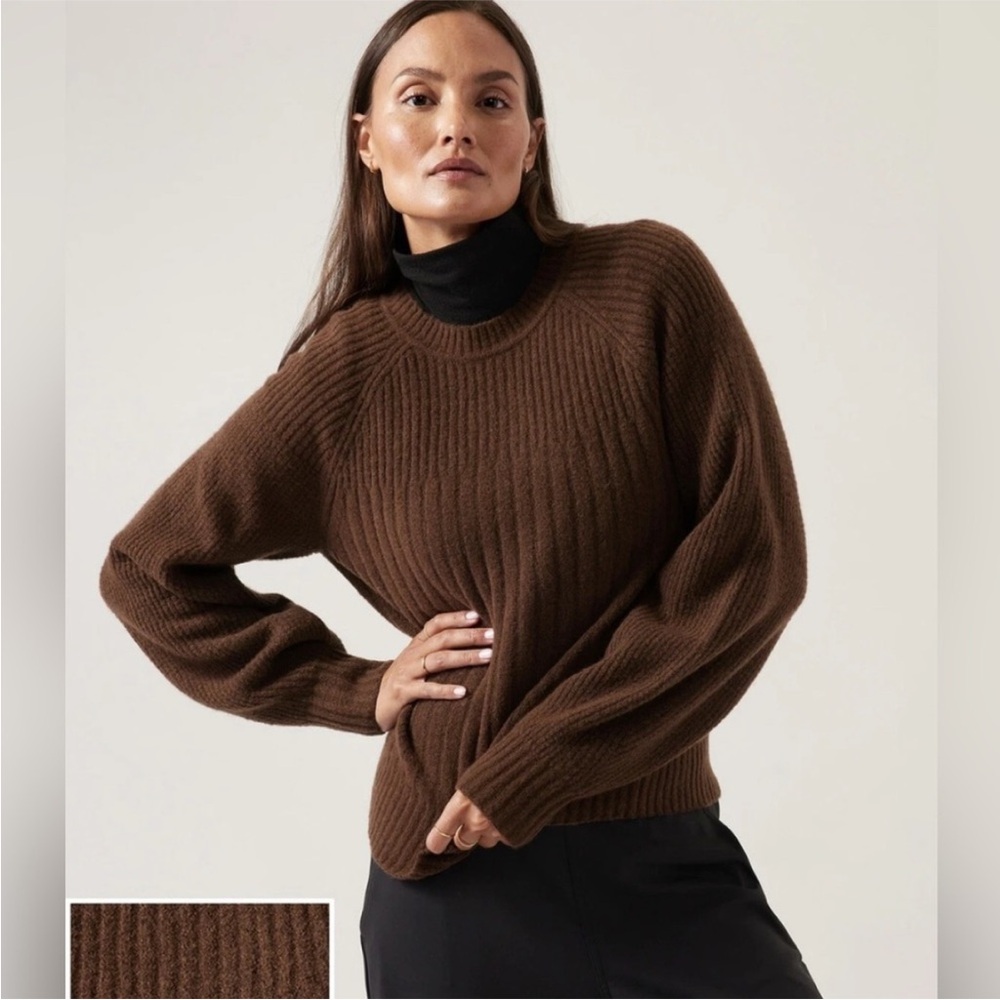Athleta Layover Brown Crew Neck Ribbed Knit Merino Wool Sweater 882538 Size XS